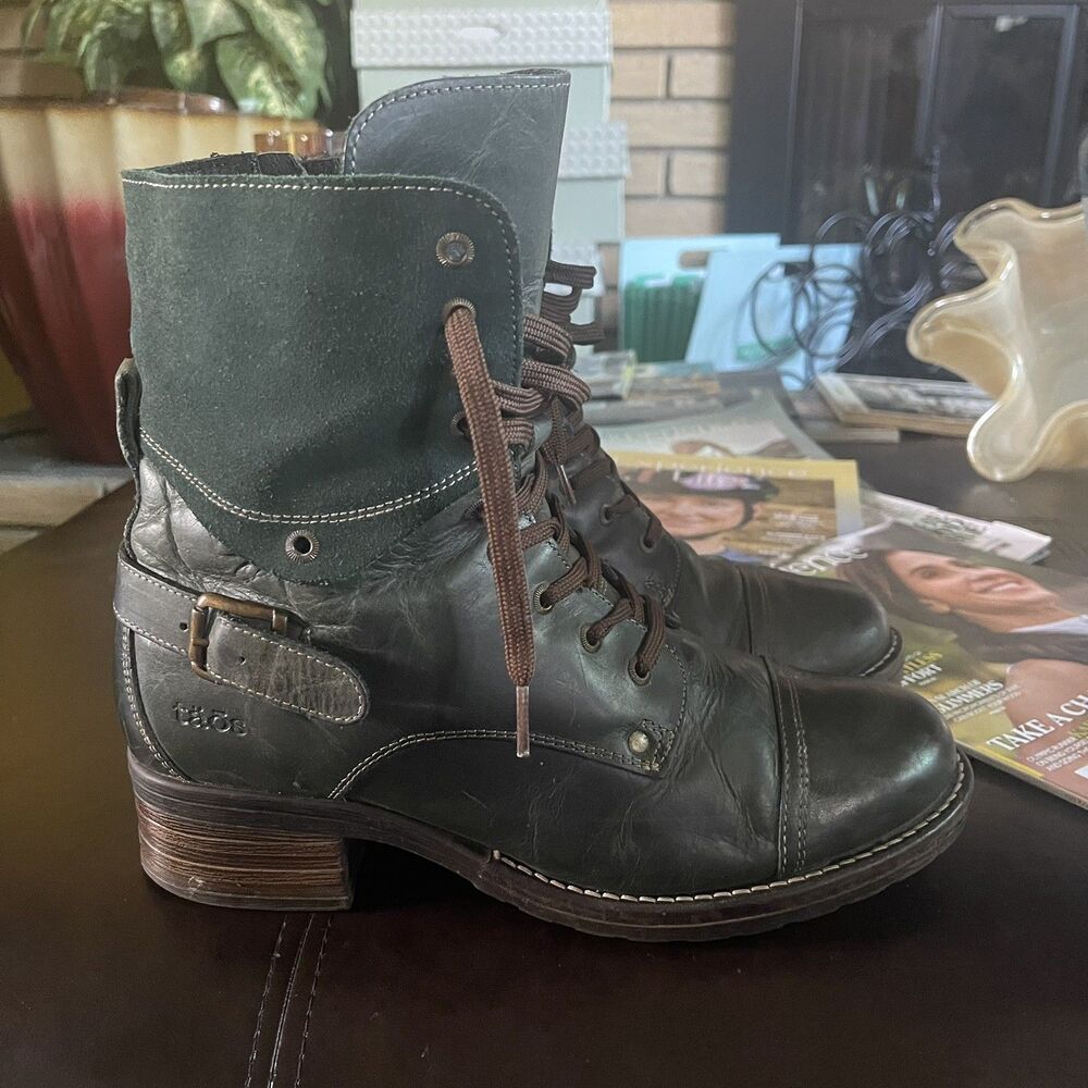 Taos Crave Green Leather Urban Combat Boots Round Toe 41/ US 10-10.5 - Picture 6 of 12